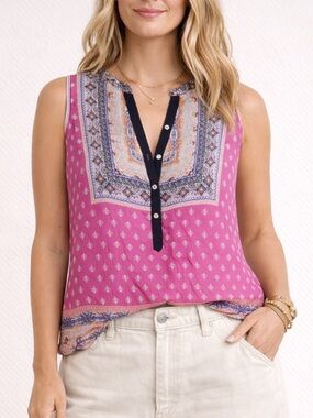 Brixon Ivy Pink Paisley Mixed Print Sleeveless Blouse with Navy Trim Size Small
